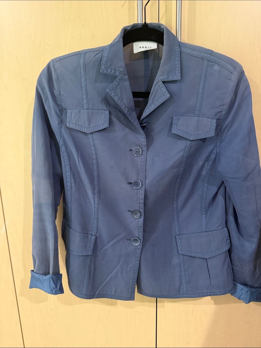 Akris Slate Blue Notch-Collar Button Jacket made in Switzerland